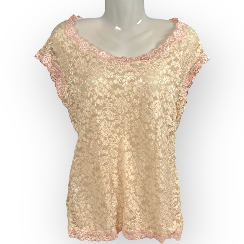 Moda International Y2K‎ Lace Sheer Top Women's XL Peach Pink Cap Sleeve Floral